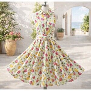 Cynthia Rowley Dress Fruit Print Linen Blend Midi Dress Full Skirt Below Knee 2